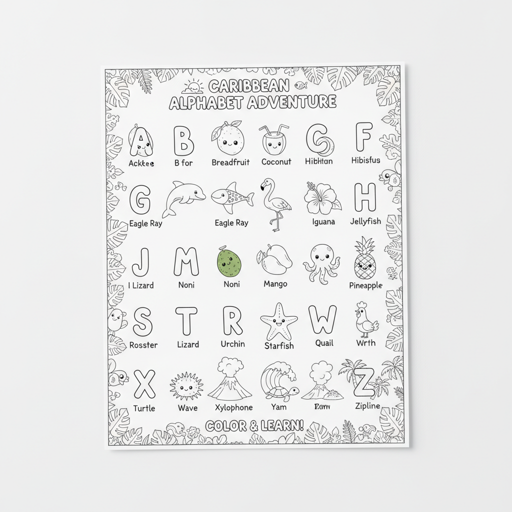 Caribbean ABC alphabet kids activity sheet with illustrated Caribbean words for each letter