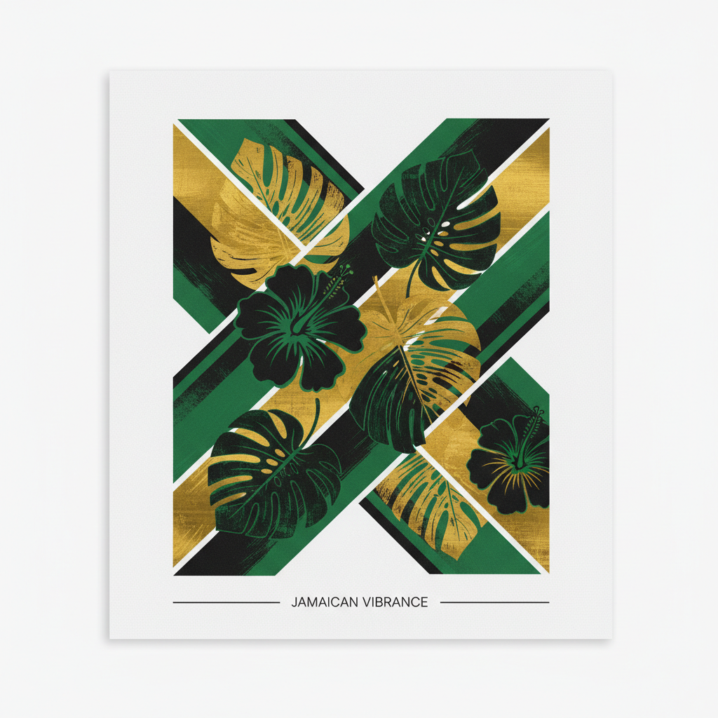 Jamaican flag inspired abstract digital art print in black gold and green