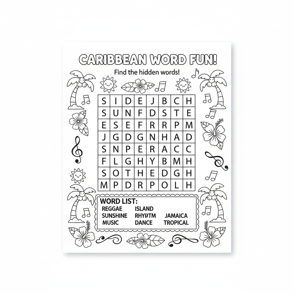 Caribbean reggae word search kids activity sheet with palm trees and musical notes border