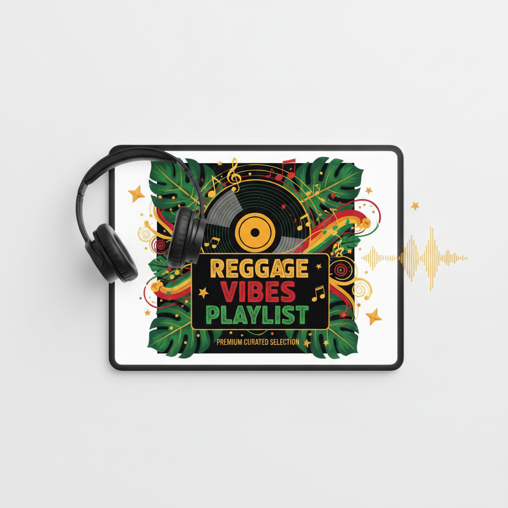 Reggae Vibes ultimate curated playlist guide digital product cover with vinyl record and musical notes