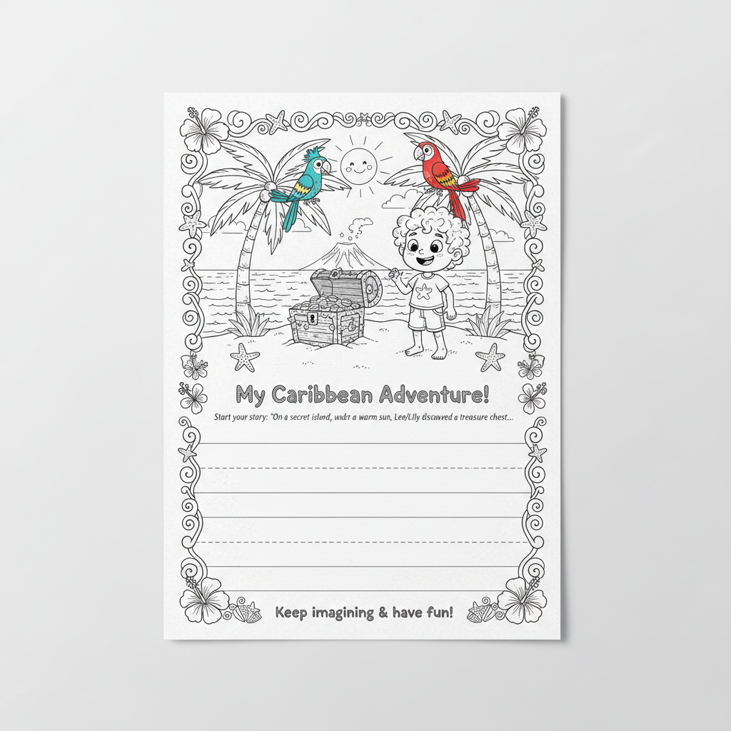 Caribbean story starter kids activity sheet with illustrated beach scene and lined writing space