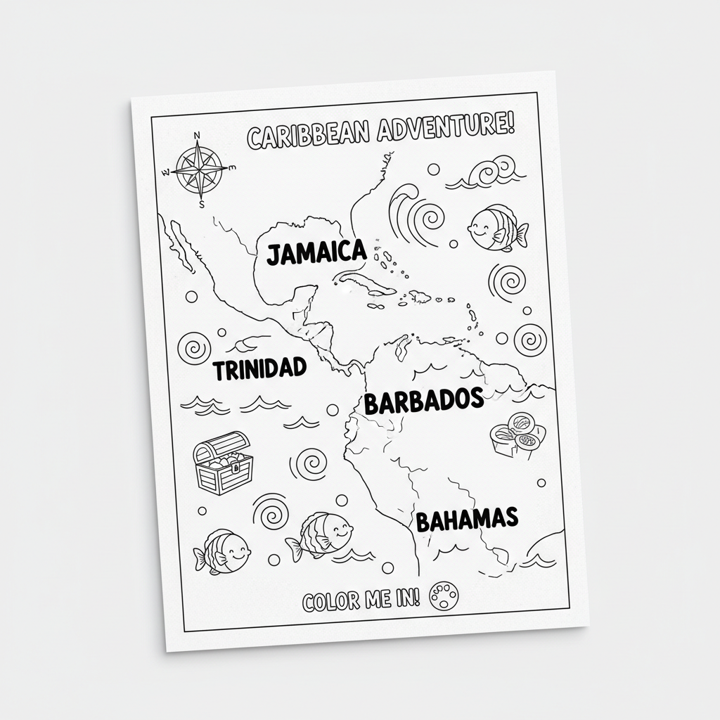 Caribbean islands colour the map kids activity sheet with labelled islands and cartoon sea creatures
