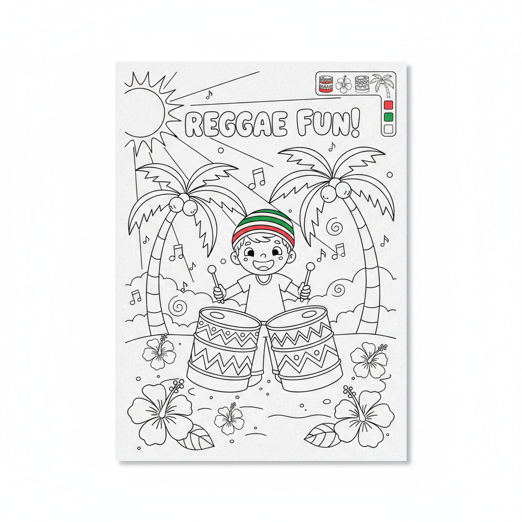 Reggae themed children's colouring sheet with cartoon child playing steel drums on tropical beach