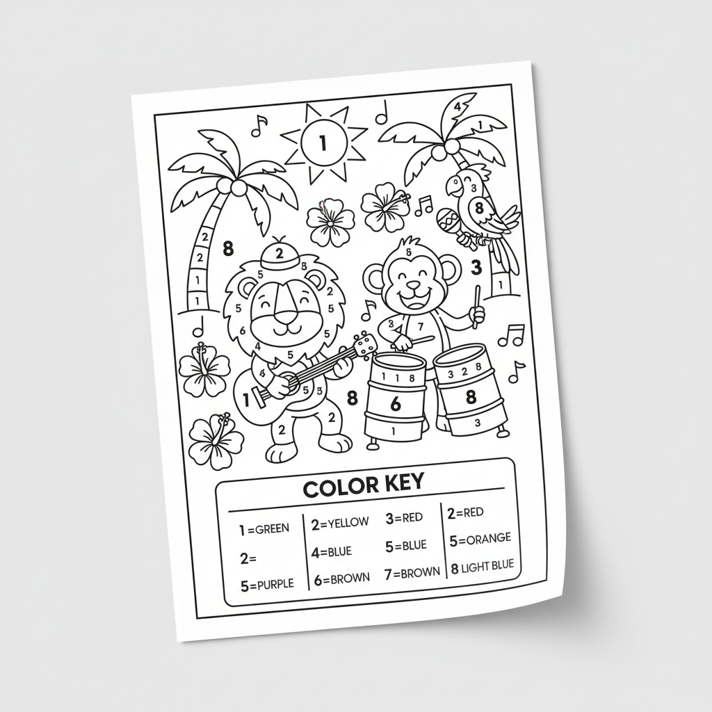 Reggae kids colour by numbers activity sheet with instruments guitar steel drums and maracas