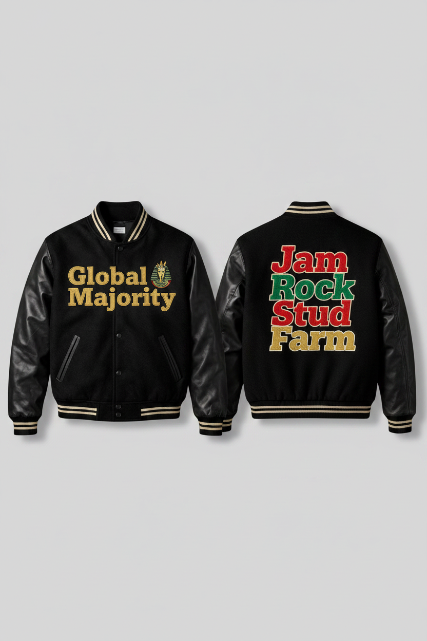"Black varsity jacket with gold 'Global Majority' text on front and red, green, and gold 'Jam Rock Stud Farm' graphic on back, featuring wool body and faux-leather sleeves"