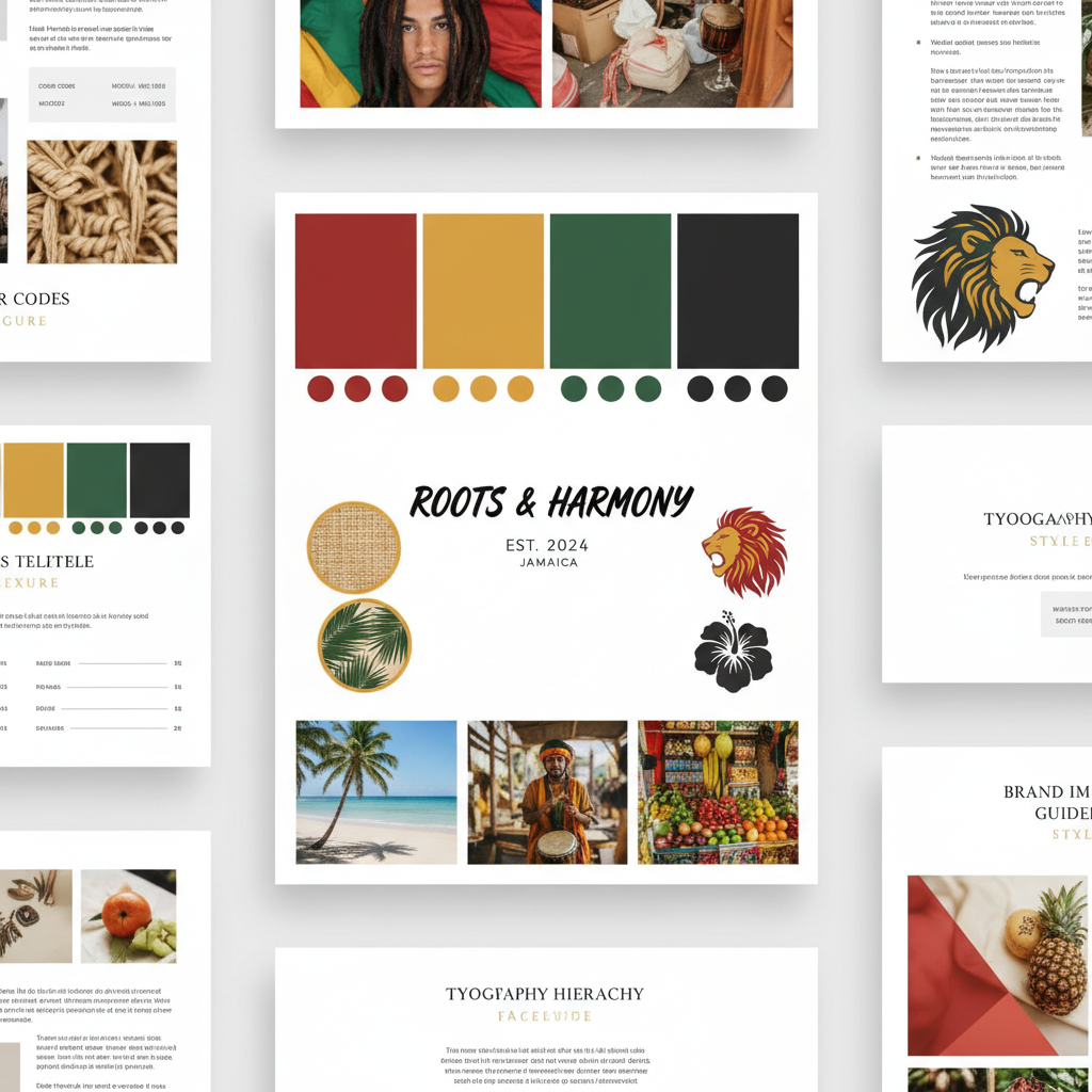 Reggae brand mood board and style guide digital download with colour palette fonts and tropical motifs