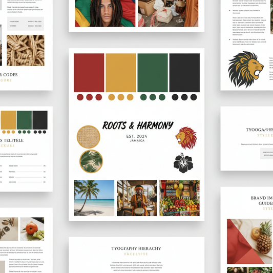 Reggae brand mood board and style guide digital download with colour palette fonts and tropical motifs