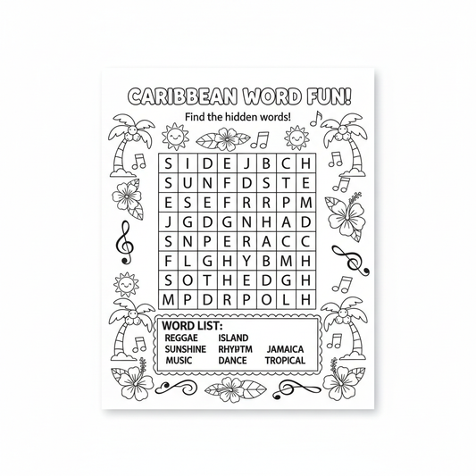 Caribbean reggae word search kids activity sheet with palm trees and musical notes border