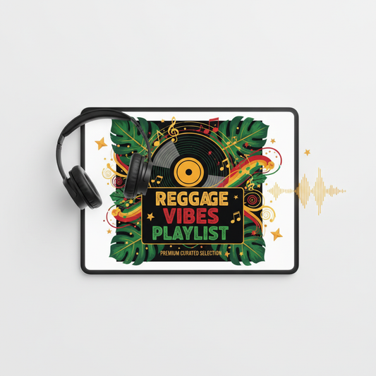 Reggae Vibes ultimate curated playlist guide digital product cover with vinyl record and musical notes