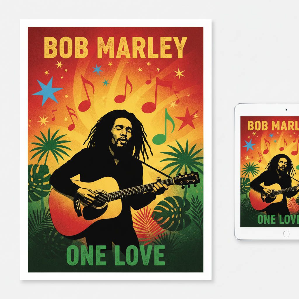 Bob Marley tribute reggae digital art print silhouette with dreadlocks and guitar