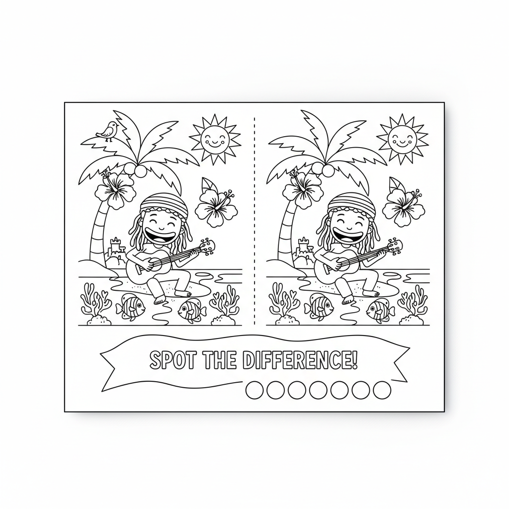 Caribbean spot the difference kids activity sheet with two tropical beach scenes