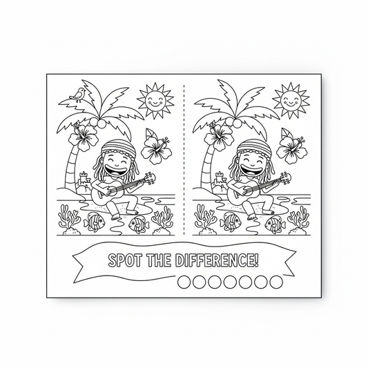 Caribbean spot the difference kids activity sheet with two tropical beach scenes