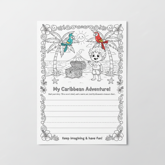 Caribbean story starter kids activity sheet with illustrated beach scene and lined writing space