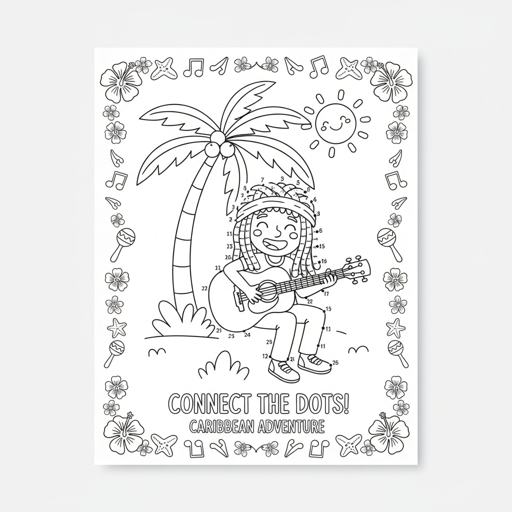 Caribbean reggae dot to dot kids activity sheet revealing musician under palm tree