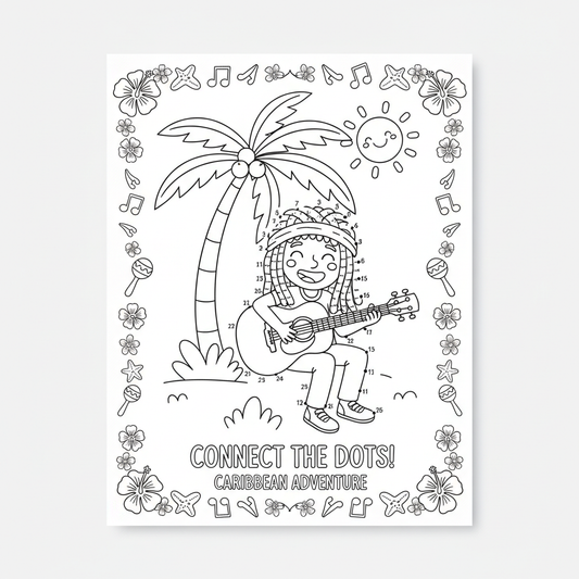 Caribbean reggae dot to dot kids activity sheet revealing musician under palm tree
