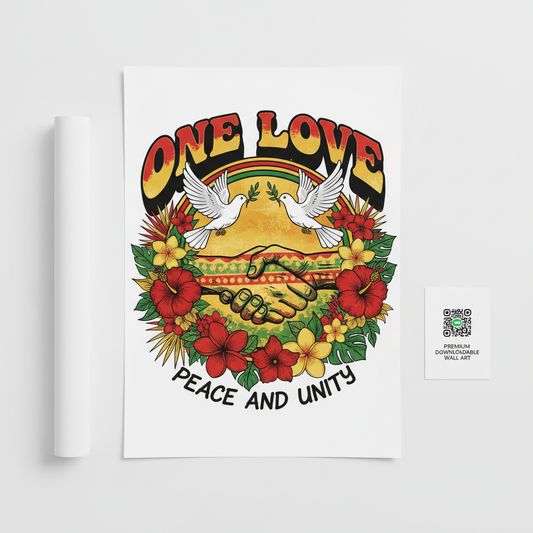 One Love Peace and Unity reggae digital art print in red gold and green