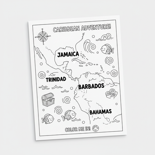 Caribbean islands colour the map kids activity sheet with labelled islands and cartoon sea creatures