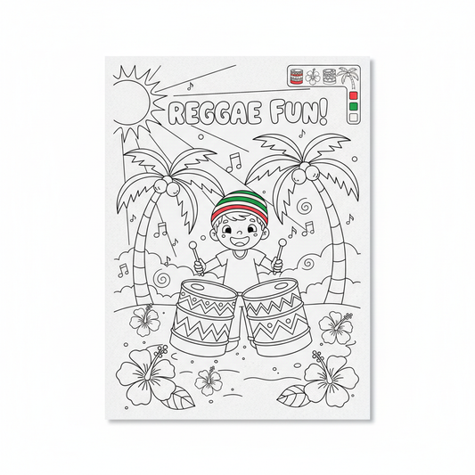 Reggae themed children's colouring sheet with cartoon child playing steel drums on tropical beach