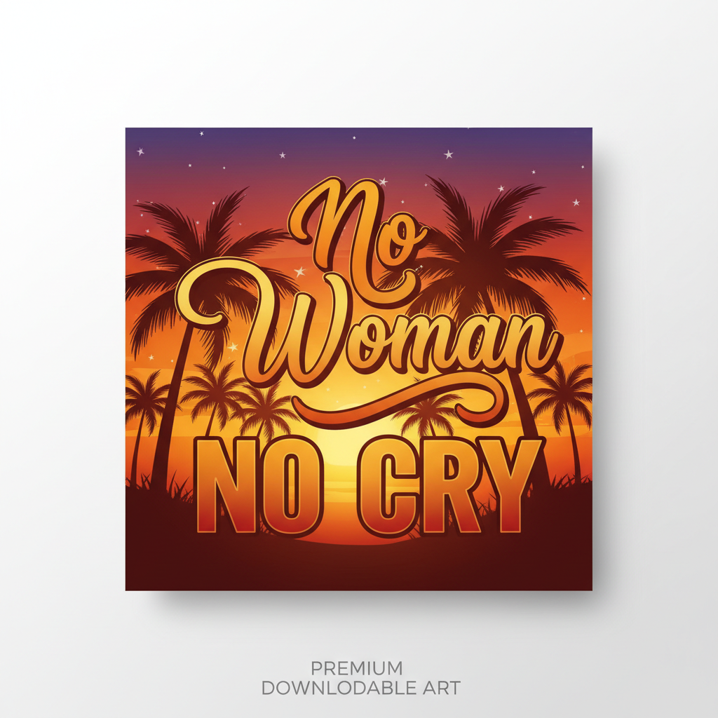 No Woman No Cry reggae lyric art print with sunset typography and palm trees