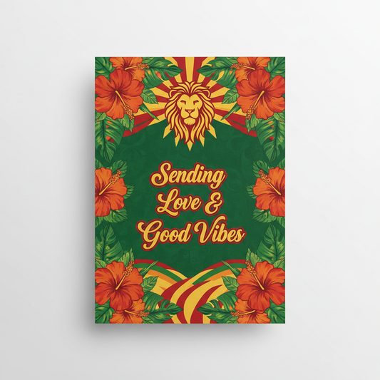 Reggae greeting card Canva template with hibiscus flowers Lion of Judah and good vibes typography