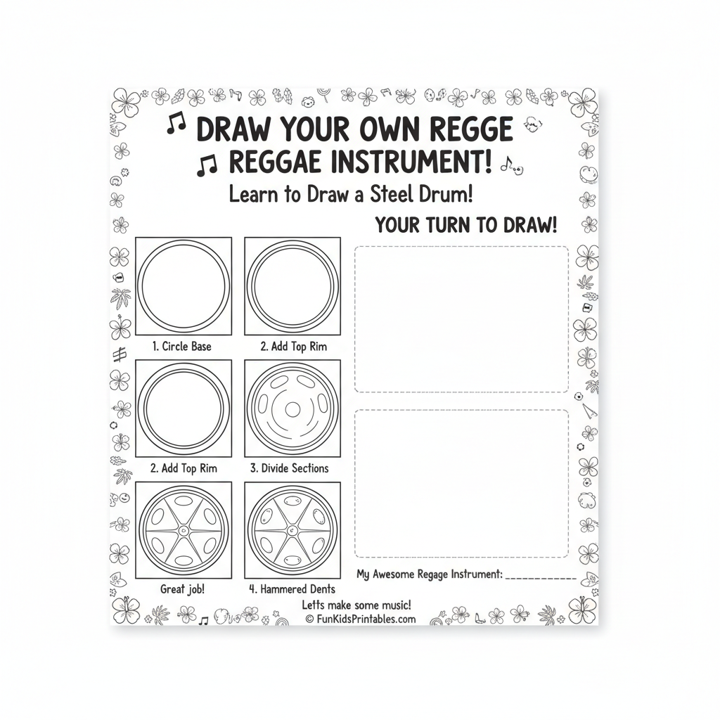 Draw your own reggae instrument kids activity sheet with step by step steel drum drawing guide
