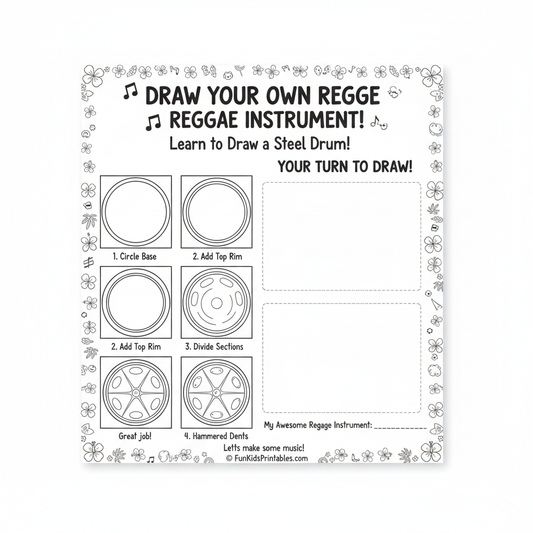 Draw your own reggae instrument kids activity sheet with step by step steel drum drawing guide