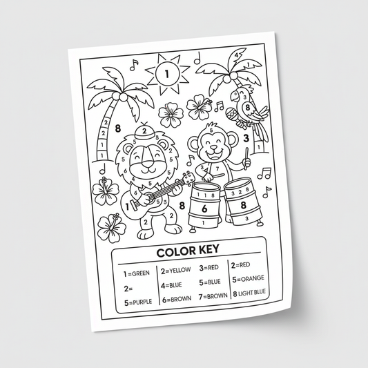 Reggae kids colour by numbers activity sheet with instruments guitar steel drums and maracas