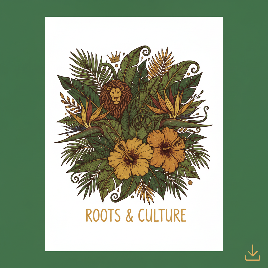 Roots and Culture botanical reggae digital art print with tropical plants and gold accents