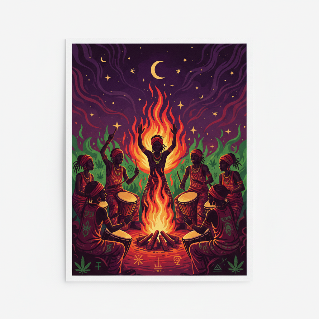 Nyahbinghi drum circle reggae digital art print with silhouettes around fire under night sky