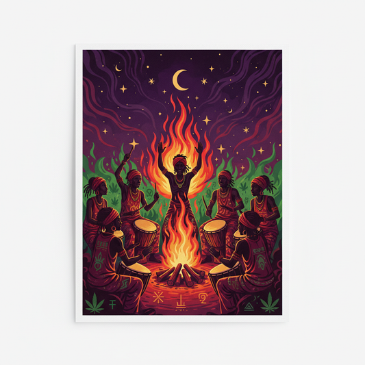 Nyahbinghi drum circle reggae digital art print with silhouettes around fire under night sky